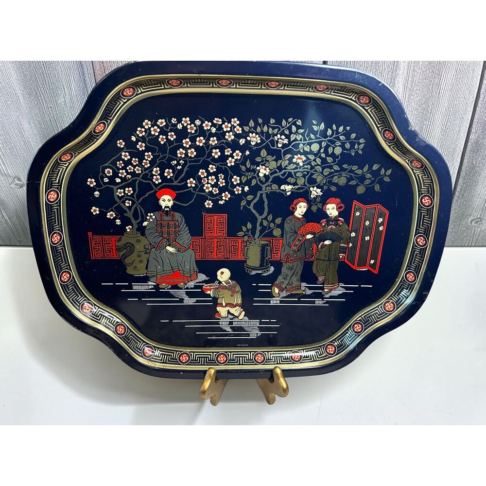 Vintage Elite Tray Japanese Garden Oriental Tin Serving Tray England 16x13in